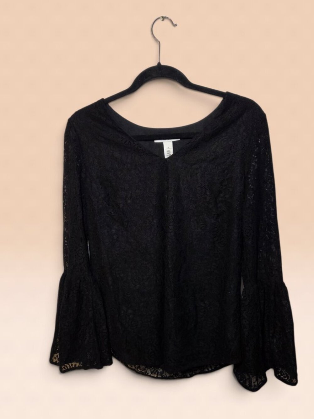 White House Black Market Women's Size Small Black Floral Lace Bell Sleeve Top.